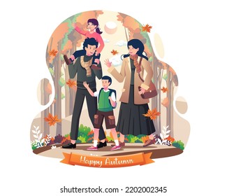 Happy Family and children are walking outside in the park in autumn. Vector illustration in flat style