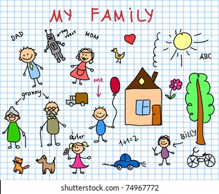 Happy Family, Children's Drawing, The Vector