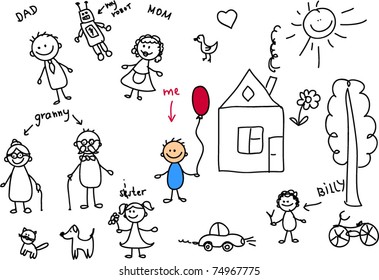 happy family, children's drawing, the vector