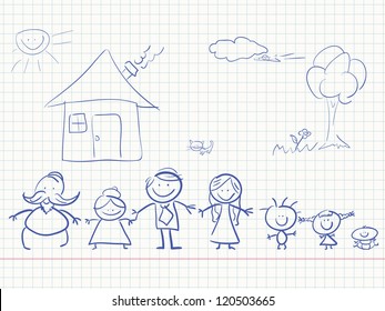 A happy family, a child's drawing. Vector illustration.