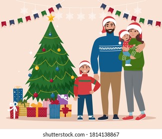 Happy family for Christmas. Cute vector illustration in flat style for banner, poster, greeting card, flyer or landing page