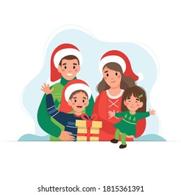 Happy Family At Christmas. Cute Vector Illustration In Flat Style