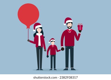 Happy family in Christmas Day,Husband holds a gift and holds his son's hand, wife holds a red balloon, xmas, Christmas person, Illustrations vector.