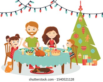 Happy Family Christmas Dinner Celebrating New Year. Winter Holidays. Vector illustration