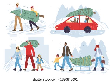 Happy family christmas eve tradition scene set. Parent children buying xmas tree. Winter holiday shopping. Party event preparation. Adults kids carrying fir in hand, on car roof, sled under snowfall