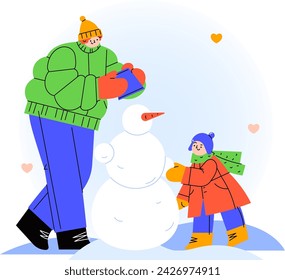 Happy family christmas flat illustration. A child building a snowman with his dad