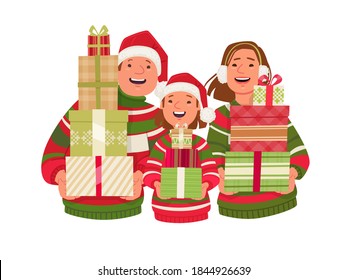 Happy family with Christmas gifts. Dad, mom and daughter are holding gift boxes. Merry christmas and new year. Vector illustration in flat style