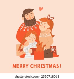 Happy family with Christmas gifts. Vector cartoon illustration of mother, father and daughter open Christmas or New Year gift boxes. Template for greeting card