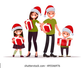 Happy Family At Christmas With Gifts. Vector Illustration Of A Flat Design