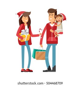 Happy family at Christmas with gifts. Vector illustration of a flat design. Young family couple celebrate Christmas holiday.