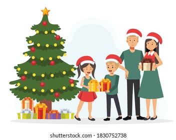 Happy family in Christmas hats are celebrating near christmas tree. Vector illustration of a flat cartoon character design.