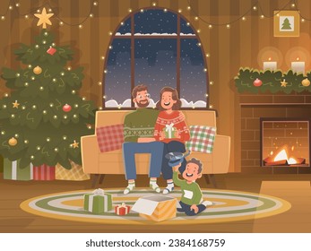 Happy family at Christmas. New Year holidays. Cozy homely atmosphere of a miracle. Vector illustration in flat style