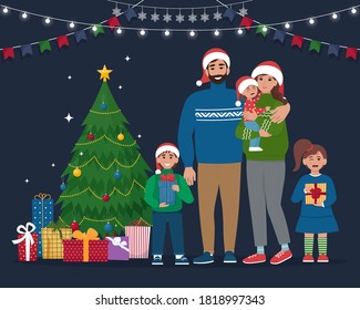 Happy family at Christmas night. Cute vector illustration in flat style