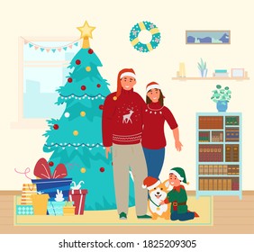 Happy Family In Christmas Outfits With Cute Corgi Dog At Home Near Christmas Tree With Present Boxes. Parents With Son Vector Illustration. Isolated On White.