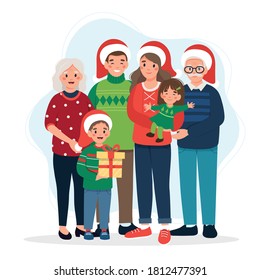 Happy family at christmas, parents with kids and grandparents. Cute vector illustration in flat style