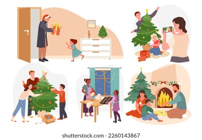 Happy family Christmas time at home set vector illustration. Cartoon cute scenes with mother, father and child decorate Christmas Tree, play board game by fireplace, bake cookie and give gifts