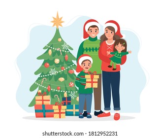 Happy family with christmas tree. Cute vector illustration in flat style