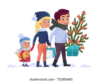 Happy family with Christmas tree and gifts. Flat design. Vector clip art.