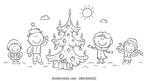 Happy family and christmas tree. Winter card with people.