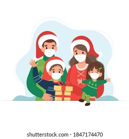 Happy Family At Christmas Wearing Medical Masks. Cute Vector Illustration In Flat Style