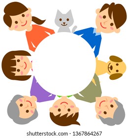 Happy family with circle. Grandparents, parents, children and pets. Vector illustration.
