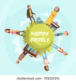 Happy family circular background with relatives figurines of mother, father daughter son grandfather grandmother cartoon vector illustration