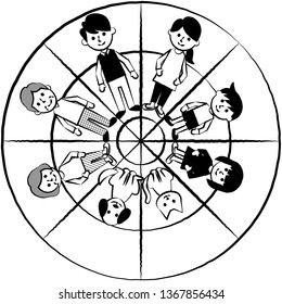 Happy family with cirlce. Grandparents, parents, children and pets. Vector illustration.
