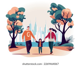 Happy family in city park. Vector characters flat cartoon illustration.