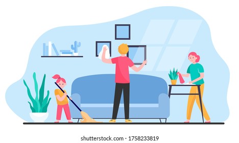 Happy family cleaning apartment flat vector illustration. Cartoon mother, father and daughter housekeeping together. Togetherness, flat, home and household concept