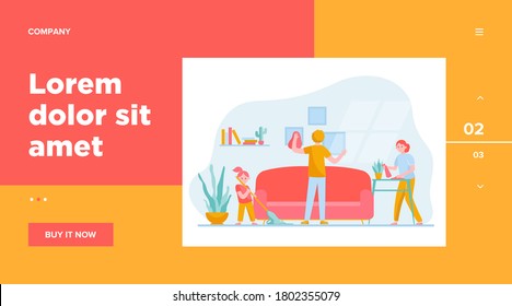 Happy family cleaning apartment flat vector illustration. Cartoon mother, father and daughter housekeeping together. Togetherness, flat, home and household concept