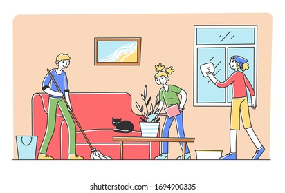 Happy family cleaning apartment together flat vector illustration. Daughter, mother and father working for household and clean home. Housekeeping and house concept - Shutterstock ID 1694900335