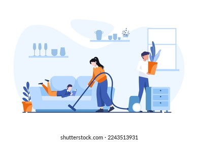 Happy family is cleaning the house. Flat illustration design for people and family activities concept.