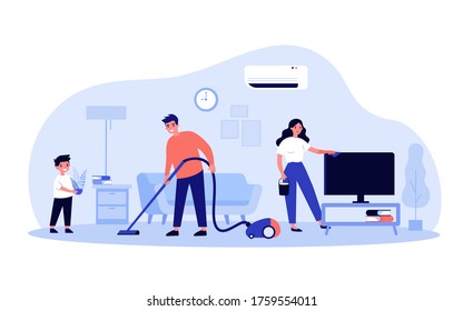 Happy family cleaning house together. Mother, father and son doing household work in their apartment. Vector illustration for housekeeping, home, domestic work, hygiene concept