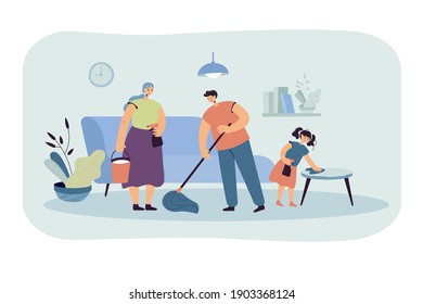 Happy family cleaning house together flat vector illustration. Cartoon Father, mother and daughter working to clean apartment. Household and housekeeping concept