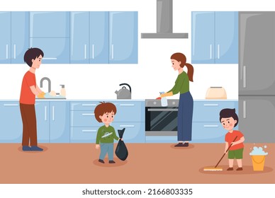 Happy family cleaning kitchen together, flat vector illustration. Kids mop the floors and take out the trash, father washing dishes and mother cleaning stove. Housekeeping and household routine.