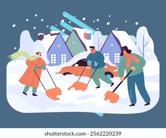 Happy family cleaning snow after storm in backyard together. People with shovels, car buried under snow flat vector illustration. Winter, outdoor activity concept for banner or landing web page