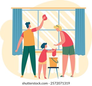 Happy family cleaning windows in their living room, parents guiding their child in learning chores, fostering teamwork and togetherness while maintaining a bright and cheerful home environment
