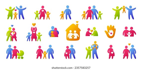 Feliz conjunto de siluetas coloridas y familiares. Vector de padres y niños alegres Ilustración. Amante madre, padre, hijo en pareja o juntos aislado en el fondo blanco. Concepto de seguro y protección