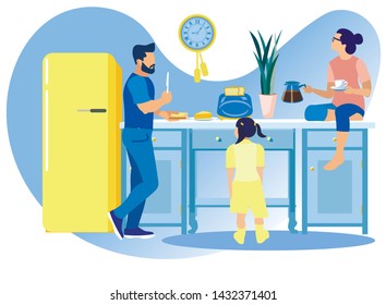 Happy Family Communicating and Eating on Kitchen, Father Prepare Sandwich with Bread and Butter, Mother Ease Sitting on Table with Coffee Pot and Cup, Daughter at Home Cartoon Flat Vector Illustration