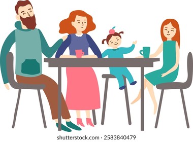 Happy family composed of mother, father, daughter and little child sitting at the table, having breakfast and enjoying time together, talking and smiling