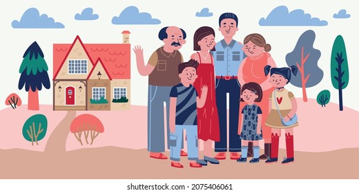 Happy family composition with outdoor scenery with clouds trees and house with characters of family members vector illustration
