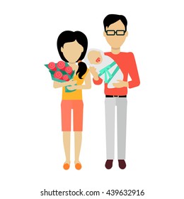 Happy family concept banner design flat style. Young family man and a woman with a newborn baby and a bouquet of flowers. Mother and father with child happiness lifestyle, vector illustration