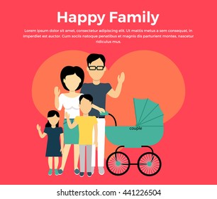 Happy family concept banner design flat style. Young family man and a woman with a son and daughter and a stroller for a newborn.