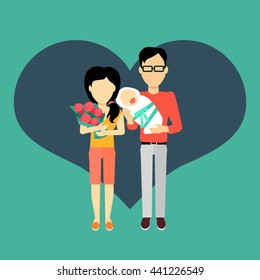 Happy family concept banner design flat style. Young family man and a woman with a newborn baby and a bouquet of flowers. Mother and father with child happiness lifestyle, vector illustration
