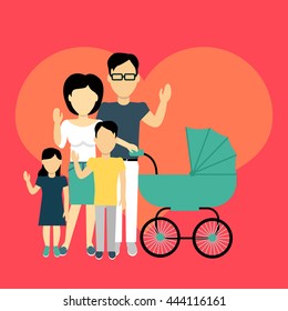 Happy family concept banner design flat style. Young family man and a woman with a son and daughter and a stroller for a newborn. Mother and father with child happiness lifestyle, vector illustration