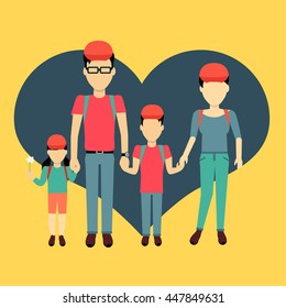 Happy family concept banner design flat style. Young family man and a woman with a son and daughter on a travel. Mother and father with child happiness lifestyle, vector illustration