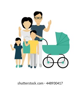 Happy family concept banner design flat style. Young family man and a woman with a son and daughter and a stroller for a newborn. Mother and father with child happiness lifestyle, vector illustration
