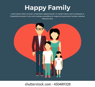 Happy family concept banner design flat style. Young family man and a woman with a son and daughter. Mother and father with child happiness lifestyle, vector illustration