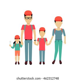 Happy family concept banner design flat style. Young family man and a woman with a son and daughter on a travel. Mother and father with child happiness lifestyle, vector illustration
