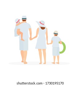 Happy family concept. Father, mother, son and daughter vector illustration drawing from back view. Family in white summer clothes. Part of set.
